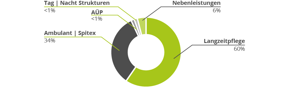 Abb. 1: Anteile der abgerechneten Leistungen von Pflegeheimen, Pflegefachpersonen und Spitex (Jahr 2017)